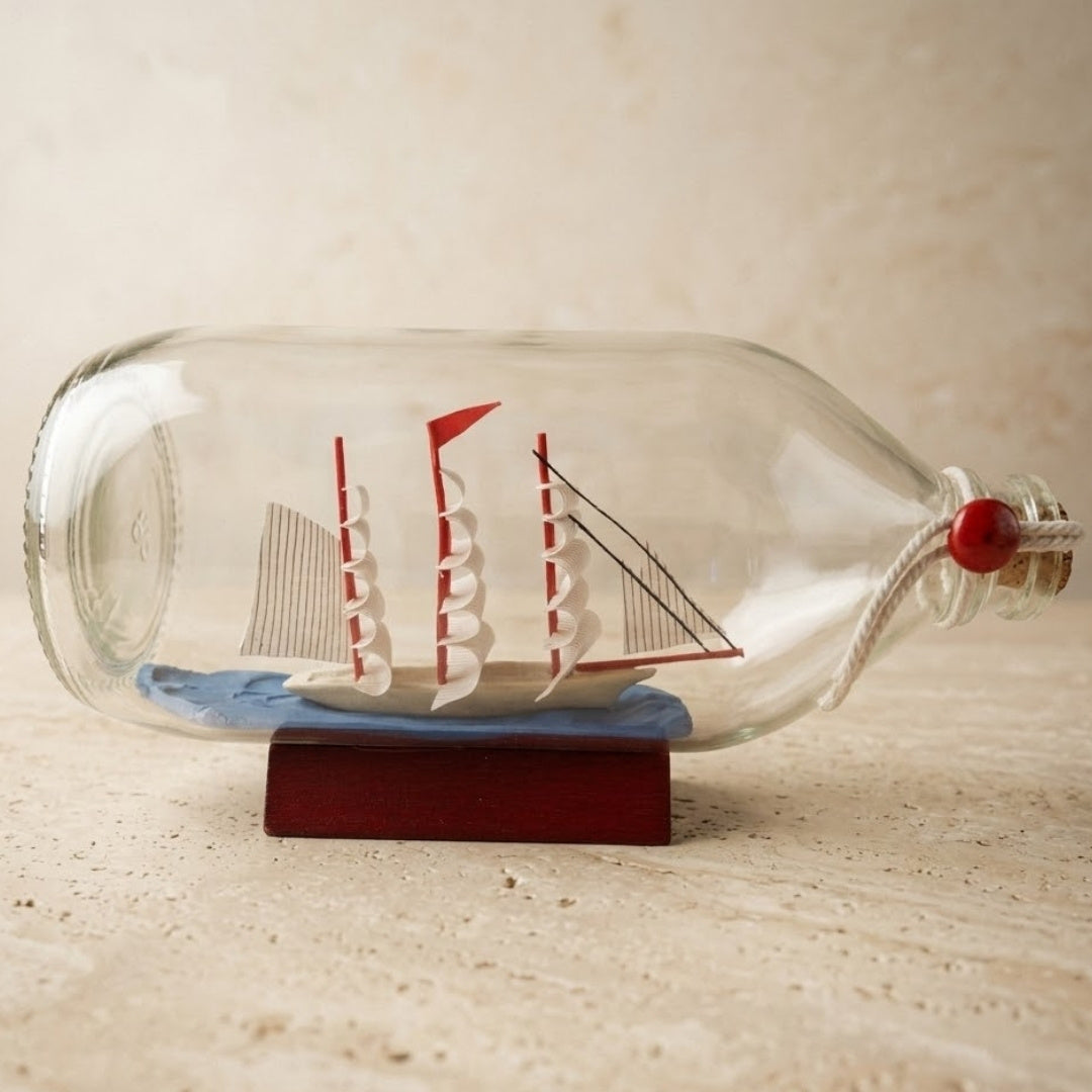 Schip in fles Rafandynka op houten voet met mogelijkheid tot personalisatie met gravure