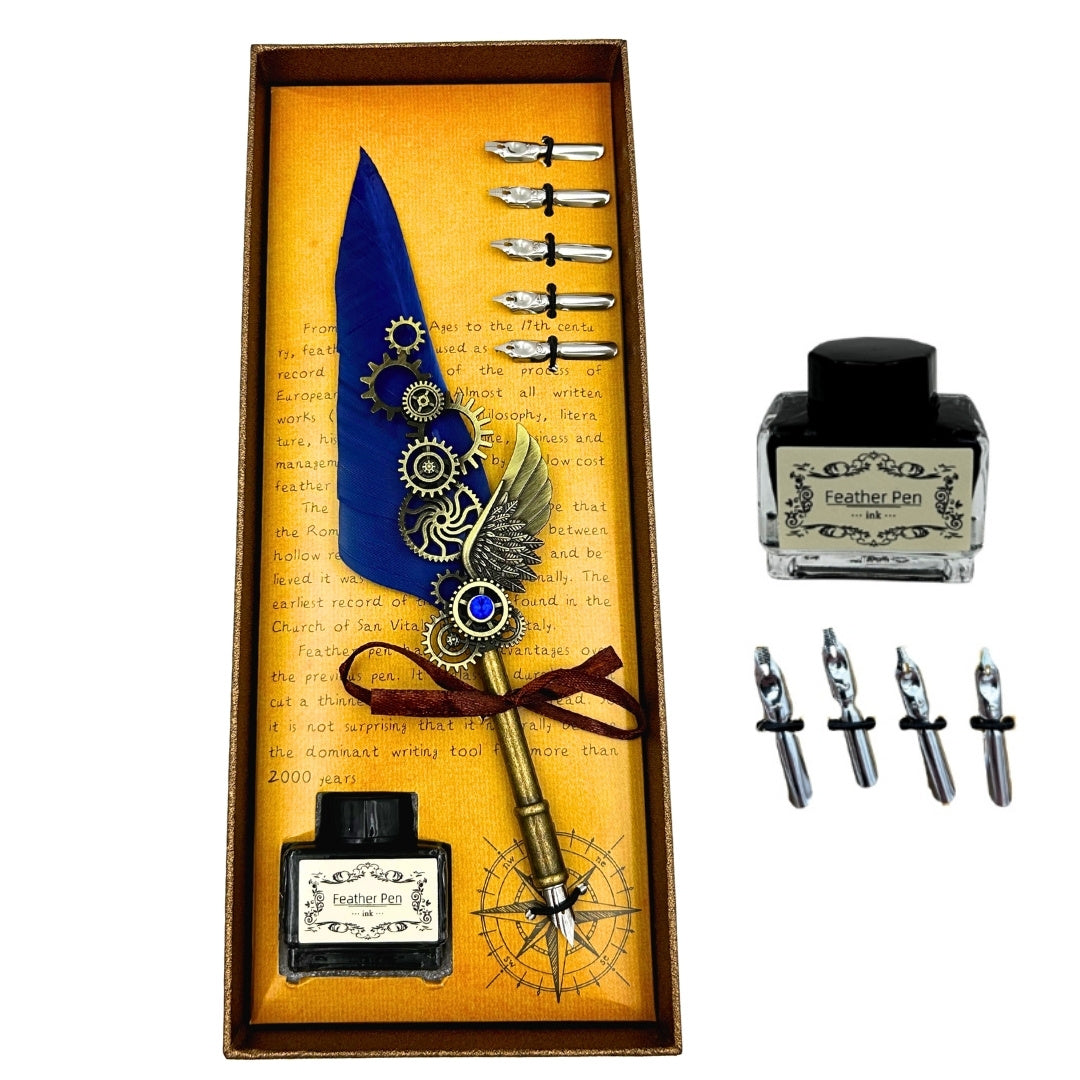 Retro kalligrafieset met blauwe ganzenveer, 6 penpunten, inkt, personalisatie met gravure, elegant cadeau in vintagestijl