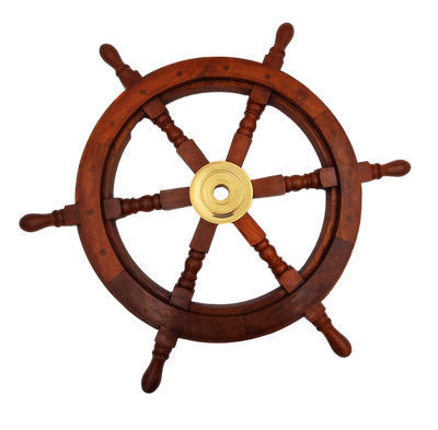 Houten stuurwiel met messing inzetstuk - Diameter 60 cm - Retro maritieme decoratie als cadeau voor een zeiler