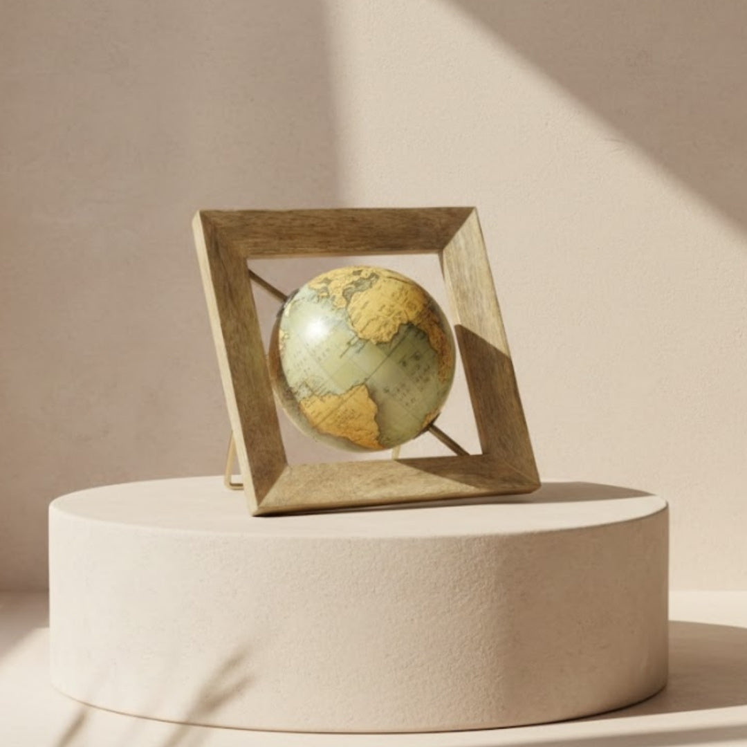 Decoratieve wereldbol GLB-40 in een houten frame met mogelijkheid tot personalisatie met gravure, blauw-gele kaart, diameter 15 cm
