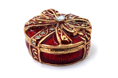 Exclusief metalen geschenkdoosje met kristalletjes B0118-08 in rood-gouden kleur, mogelijkheid tot personalisatie door gravure, ideaal voor sieraden en als elegant cadeau voor elke vrouw, afmetingen 4x4x1 cm, glamourstijl