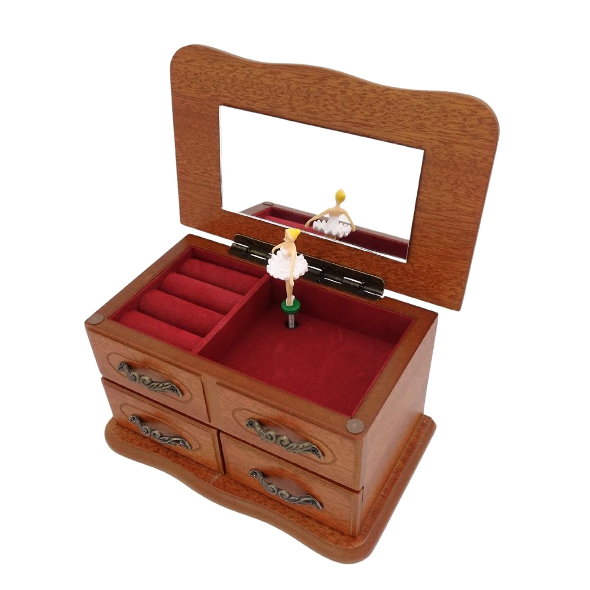 Houten speeldoos-sieradendoosje met spiegeltje en gravure - elegant cadeau voor sieraden met twee laatjes, hoogte 10cm, melodie "The Entertainer