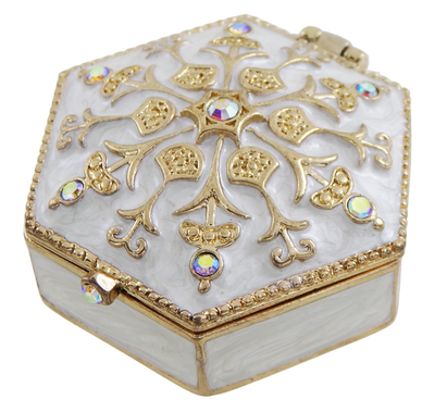 Elegant metalen geschenkdoosje met kristalletjes B0035-08WH, wit-goud, mogelijkheid tot personalisatie door gravure, ideaal voor sieraden en kleine voorwerpen, 5x5x2cm