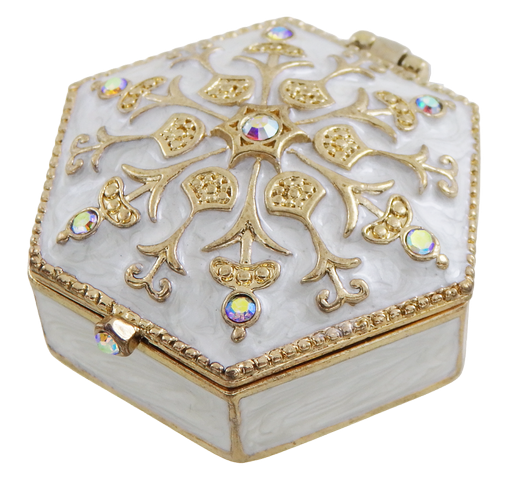Elegant metalen geschenkdoosje met kristalletjes B0035-08WH, wit-goud, mogelijkheid tot personalisatie door gravure, ideaal voor sieraden en kleine voorwerpen, 5x5x2cm