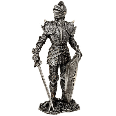 Decoratief beeldje ridder in zilveren harnas 30 cm met mogelijkheid tot personalisatie met gravure - elegant cadeau voor liefhebbers van geschiedenis en fantasy, handbeschilderd van polyresin