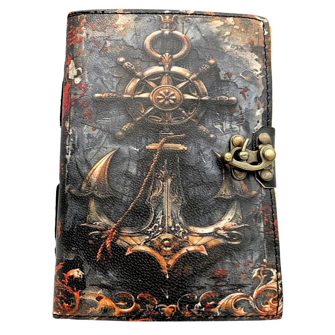 Retro maritiem leren notitieboek 200 pagina’s met mogelijkheid tot personalisatie met gravure, ideaal als cadeau voor kunstenaars en reizigers, gemaakt van natuurlijk geitenleer, in vintagekleur, afmetingen 18 x 13 cm