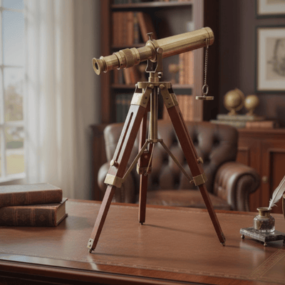 Retro messing telescoop op houten driepoot met verstelbare hoogte en graveeroptie