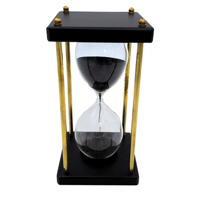 Messing-houten zandloper 5 minuten met zwart zand met mogelijkheid tot personalisatie met gravure – elegante retrodecoratie als cadeau met een hoogte van 16 cm