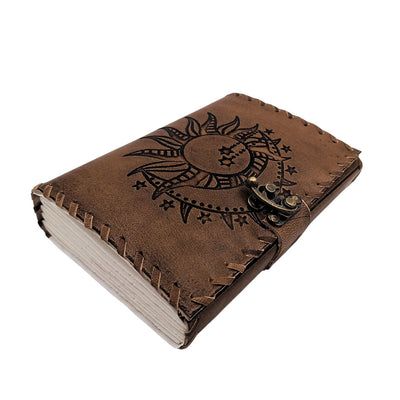 Retro leren notitieboek Zon en Maan 200 pagina's met mogelijkheid tot personalisatie door gravure, beige-bruin, ideaal als cadeau voor een kunstenaar of liefhebber van de magie van alledag