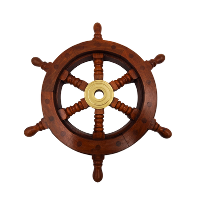 Houten stuurwiel met messing inzetstuk en ruimte voor een wig - diameter 30 cm - ideaal cadeau met mogelijkheid tot personalisatie met gravure - maritieme en retrostijl