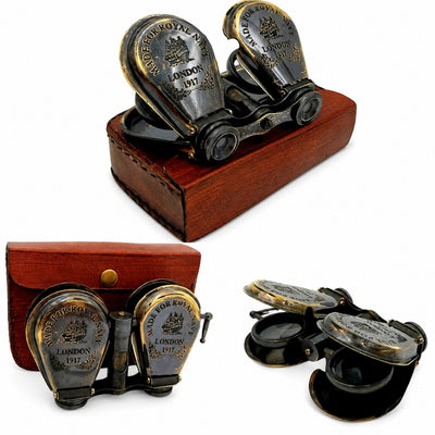 Retro messing verrekijker in leren etui met graveermogelijkheid