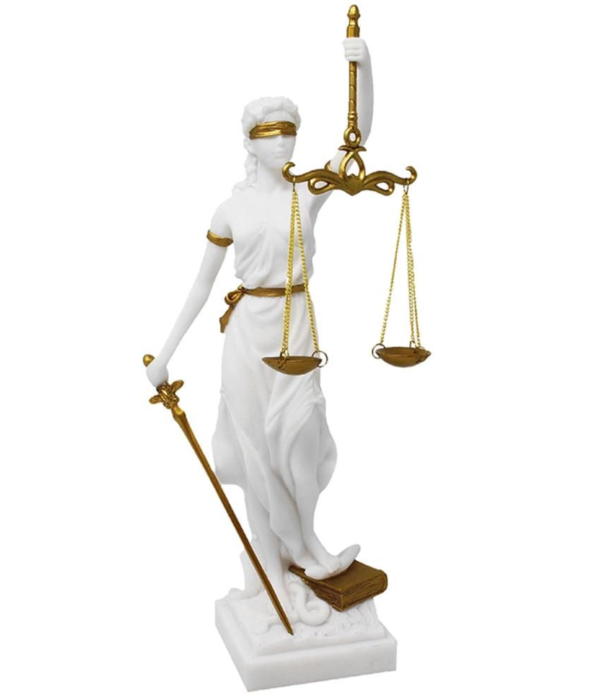 Beeldje van Vrouwe Justitia met mogelijkheid tot personalisatie met gravure - elegant cadeau voor een advocaat, rechter of rechtenstudent, wit met gouden accenten, hoogte 35 cm, handbeschilderd van polyresin