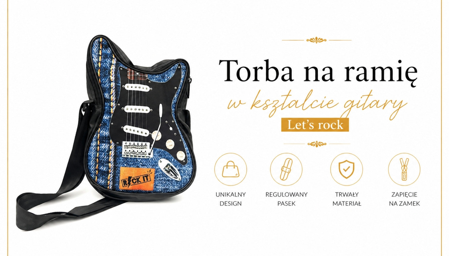 Schoudertas in de vorm van een gitaar Let’s Rock RBG-019 met mogelijkheid tot personalisatie met gravure, waterdicht, ideaal als cadeau voor een muzikant, PVC 100% en polyester, afmetingen 34 x 23 x 5 cm