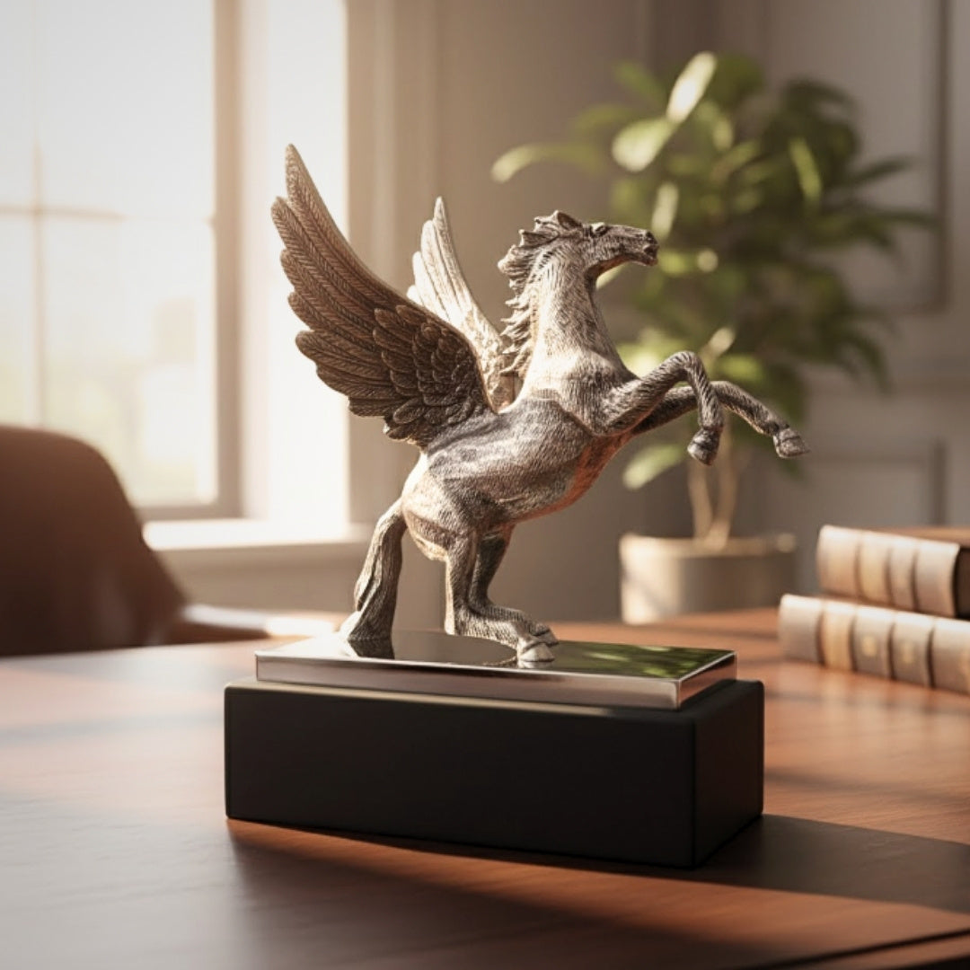 Decoratieve Pegasus-figuur van aluminium op een voet van staal en hout, gepersonaliseerde gravure, elegant cadeau voor liefhebbers van de Griekse mythologie, hoogte 36 cm, kleur zilver met zwarte voet