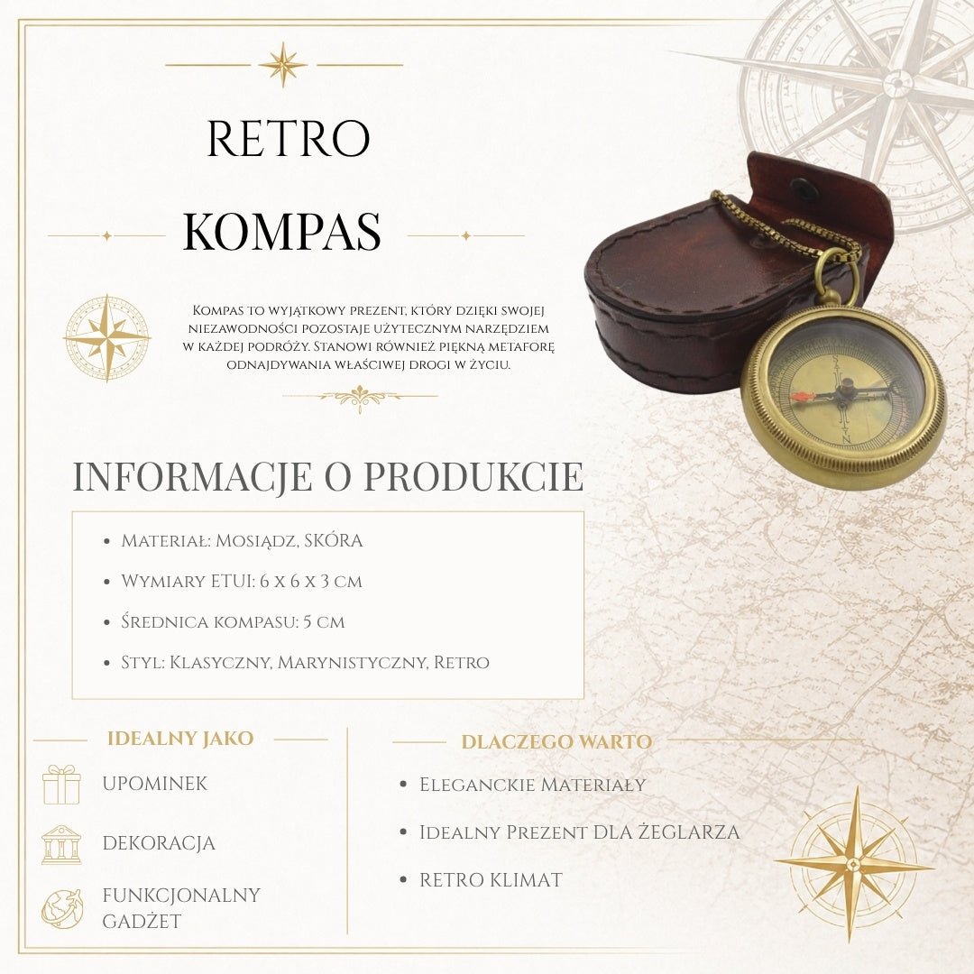 Stijlvol messing kompas met ketting in leren etui