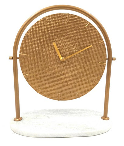 Elegante ronde metalen klok op marmeren voet met mogelijkheid tot personalisatie met gravure