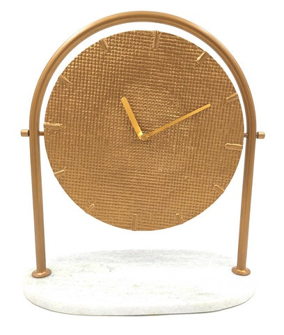 Elegante ronde metalen klok op marmeren voet met mogelijkheid tot personalisatie met gravure