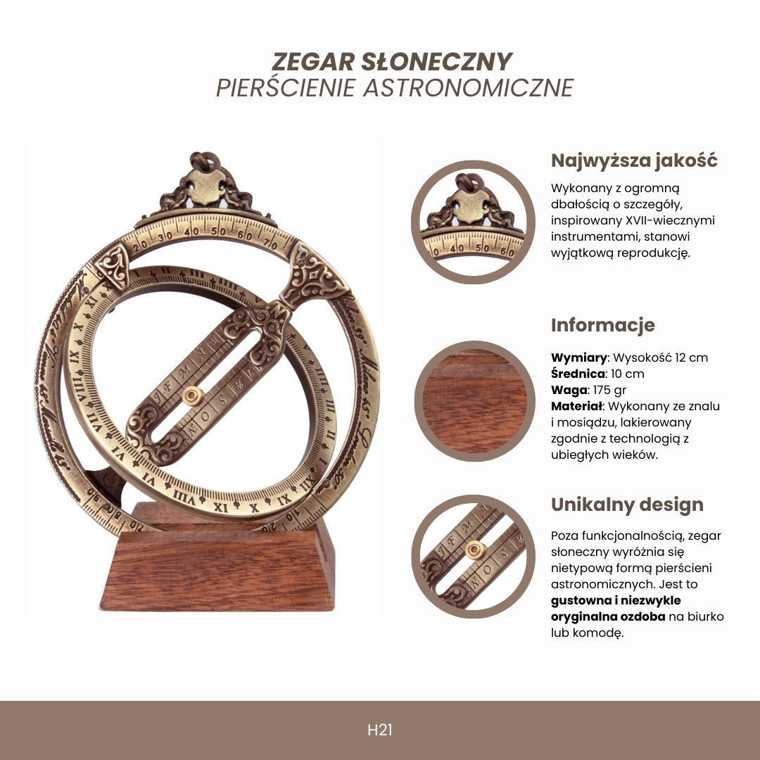 Zonnewijzer H21 met astronomische ringen, gepersonaliseerd met gravure, elegant cadeau voor op het bureau, hoogte 12 cm, messing en zamak