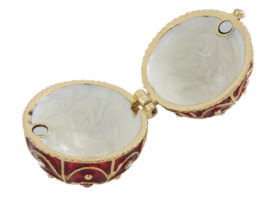 Exclusief metalen Fabergé-doosje met kristalletjes in rood-gouden kleur, mogelijkheid tot personalisatie door gravure, ideaal als cadeau, afmetingen 5,5x6,5cm