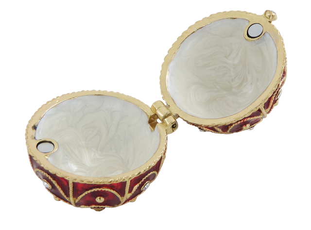 Exclusief metalen Fabergé-doosje met kristalletjes in rood-gouden kleur, mogelijkheid tot personalisatie door gravure, ideaal als cadeau, afmetingen 5,5x6,5cm