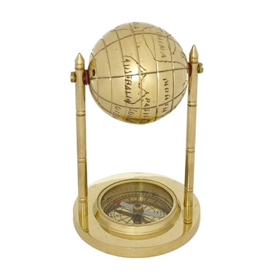 Decoratieve messing wereldbol met kompas en mogelijkheid tot personalisatie met gravure, goudkleurig, hoogte 12,5 cm