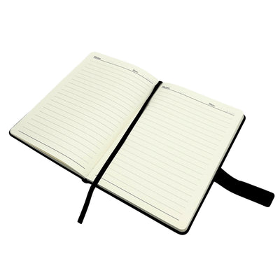 Elegante cadeauset met personalisatie - leren notitieboek A5, pen en zwarte paraplu in geschenkdoos