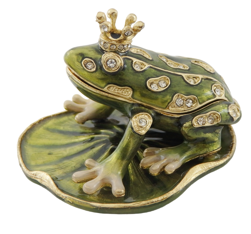 Exclusief metalen doosje in de vorm van een kikker met kristallen, donkergroen en goud, mogelijkheid tot personalisatie door gravure, ideaal als cadeau, afmetingen 6,5x6,7x4,5 cm