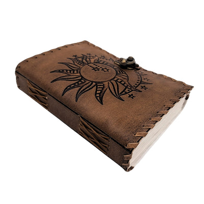 Retro leren notitieboek Zon en Maan 200 pagina's met mogelijkheid tot personalisatie door gravure, beige-bruin, ideaal als cadeau voor een kunstenaar of liefhebber van de magie van alledag