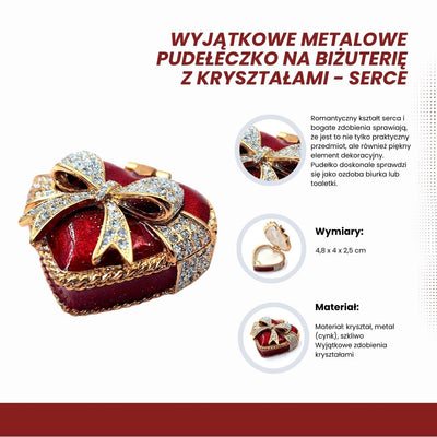 Metalen sieradendoosje in de vorm van een hart met kristallen, rood-goud-zilver, mogelijkheid tot personalisatie door gravure, ideaal als romantisch cadeau, afmetingen 4,8 x 4 x 2,5 cm