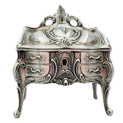 Metalen zilveren retro sieradendoosje 2056M met graveermogelijkheid - elegant cadeau voor Moederdag of verjaardag, afmetingen 9,7 x 10 x 6,7 cm, rococostijl met florale ornamenten