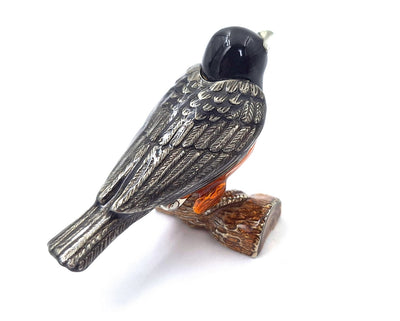 Metalen doosje in de vorm van een vogeltje met kristalletjes, gepersonaliseerd met gravure, ideaal als cadeau - zwart, zilver, bruin, oranje, afmetingen 5x6x5cm, materiaal: metaal, email, kristal