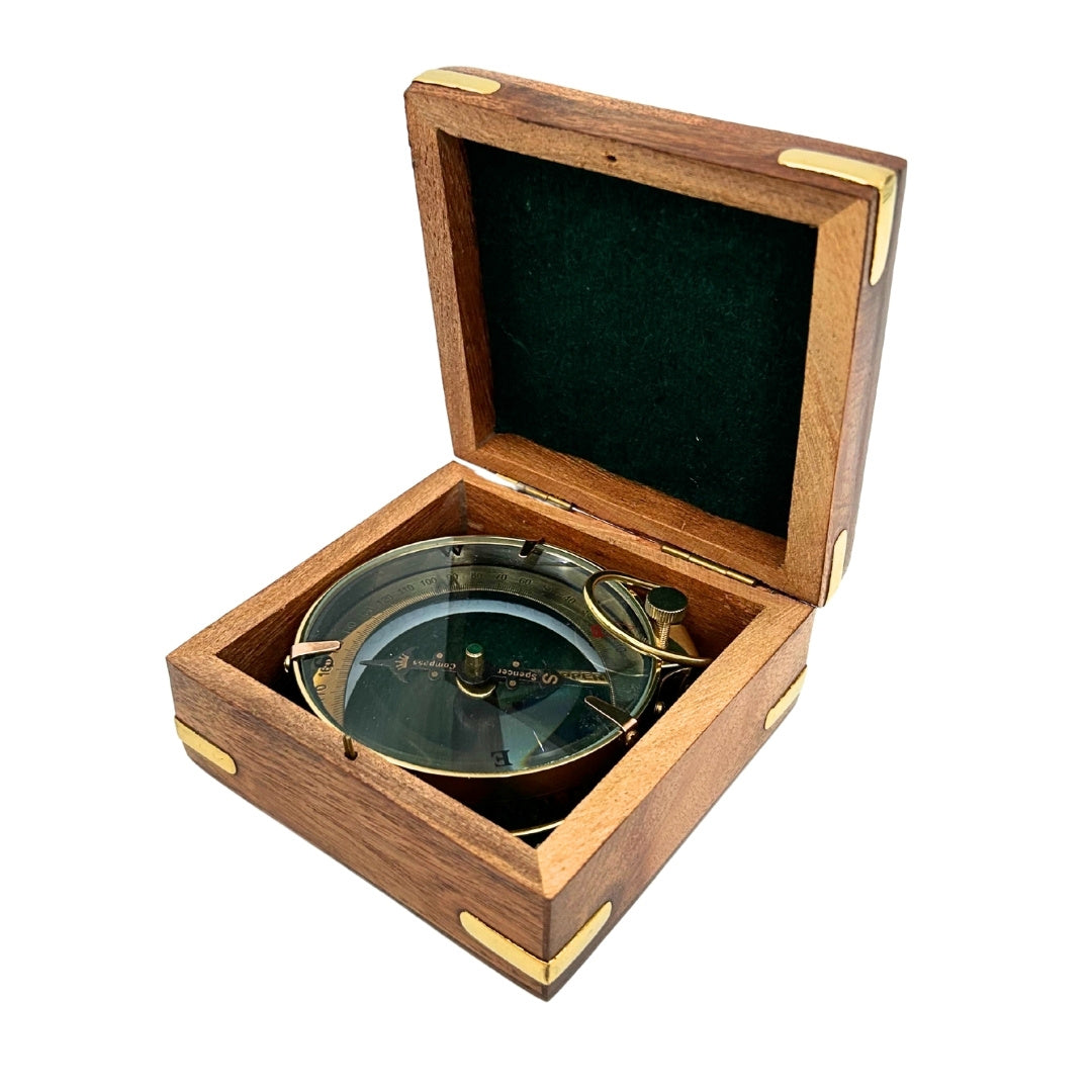 Retro messing kaartleeskompas Map Reader met gravure in houten doos