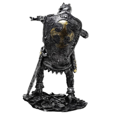 Beeldje middeleeuwse ridder met kruisboog 20cm met mogelijkheid tot personalisatie door gravure - zilver-gouden decoratie als cadeau voor liefhebbers van geschiedenis en fantasy - handbeschilderd van polyresin