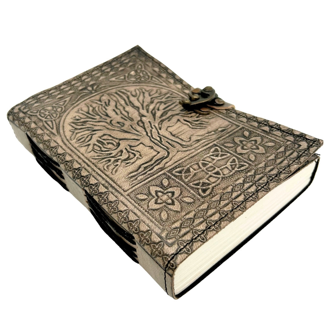 Retro leren notitieboek Levensboom met gravure