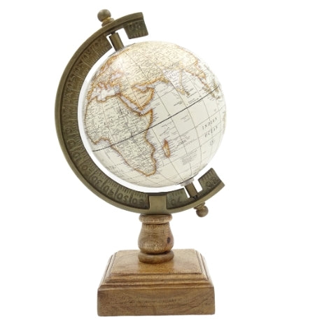 Stijlvolle decoratieve globe Amundsen op houten voet met gravure - elegante decoratie voor klassieke, loft- en koloniale interieurs, ideaal als cadeau - hoogte 26,5 cm, wit-bruine kleur, educatief accent in het Engels