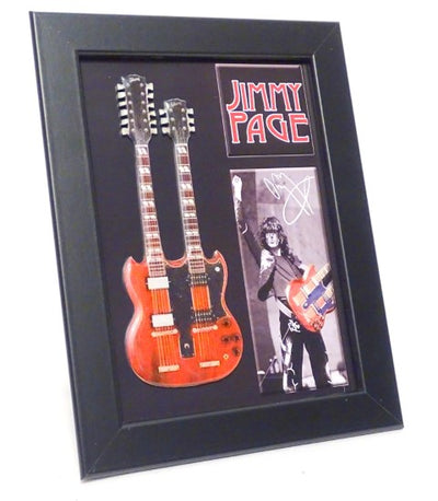 Mini-double-neck-gitaar in Jimmy Page-stijl FMG-011 met mogelijkheid tot personalisatie met gravure, ideaal als cadeau - houten frame 1,3cm x 16cm x 21,4cm, stalen constructie