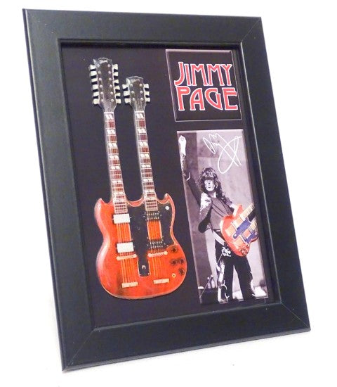 Mini-double-neck-gitaar in Jimmy Page-stijl FMG-011 met mogelijkheid tot personalisatie met gravure, ideaal als cadeau - houten frame 1,3cm x 16cm x 21,4cm, stalen constructie