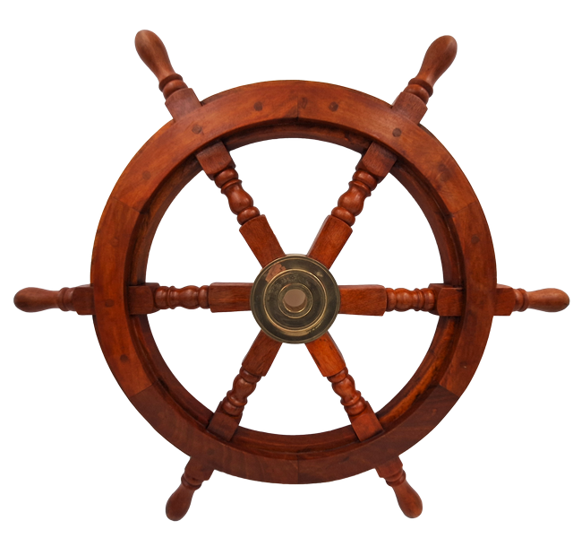 Houten stuurwiel met messing inzetstuk - Diameter 60 cm - Retro maritieme decoratie als cadeau voor een zeiler