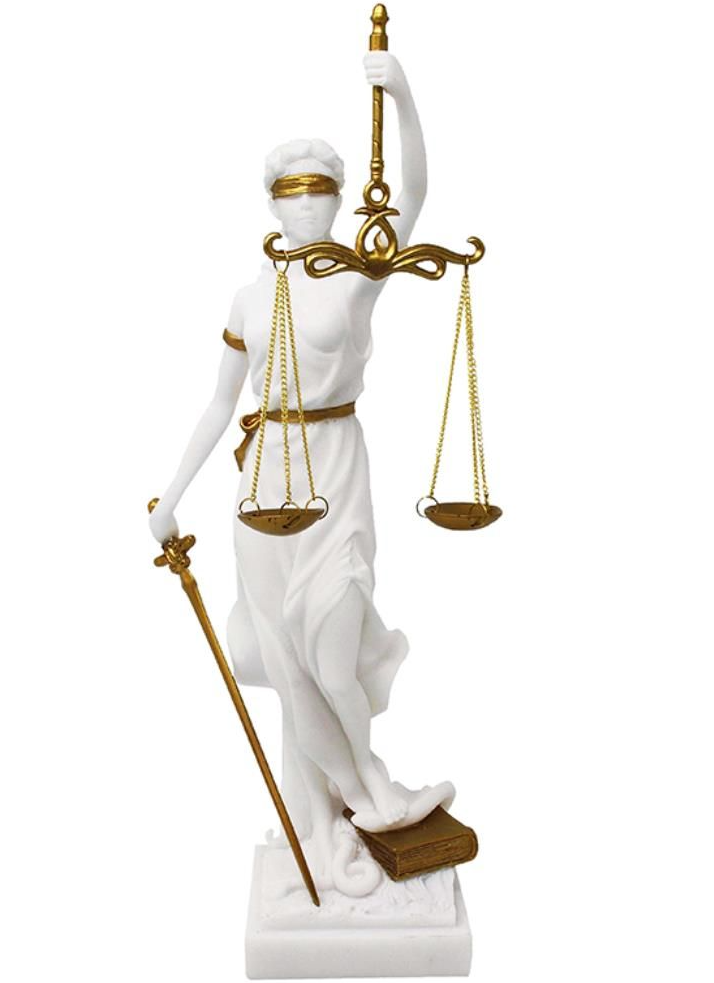 Beeldje van Vrouwe Justitia met mogelijkheid tot personalisatie met gravure - elegant cadeau voor een advocaat, rechter of rechtenstudent, wit met gouden accenten, hoogte 35 cm, handbeschilderd van polyresin