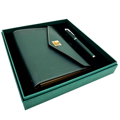 Elegante cadeauset met gepersonaliseerde gravure - leren A6-notitieboek met hoogwaardige pen in luxe geschenkdoos