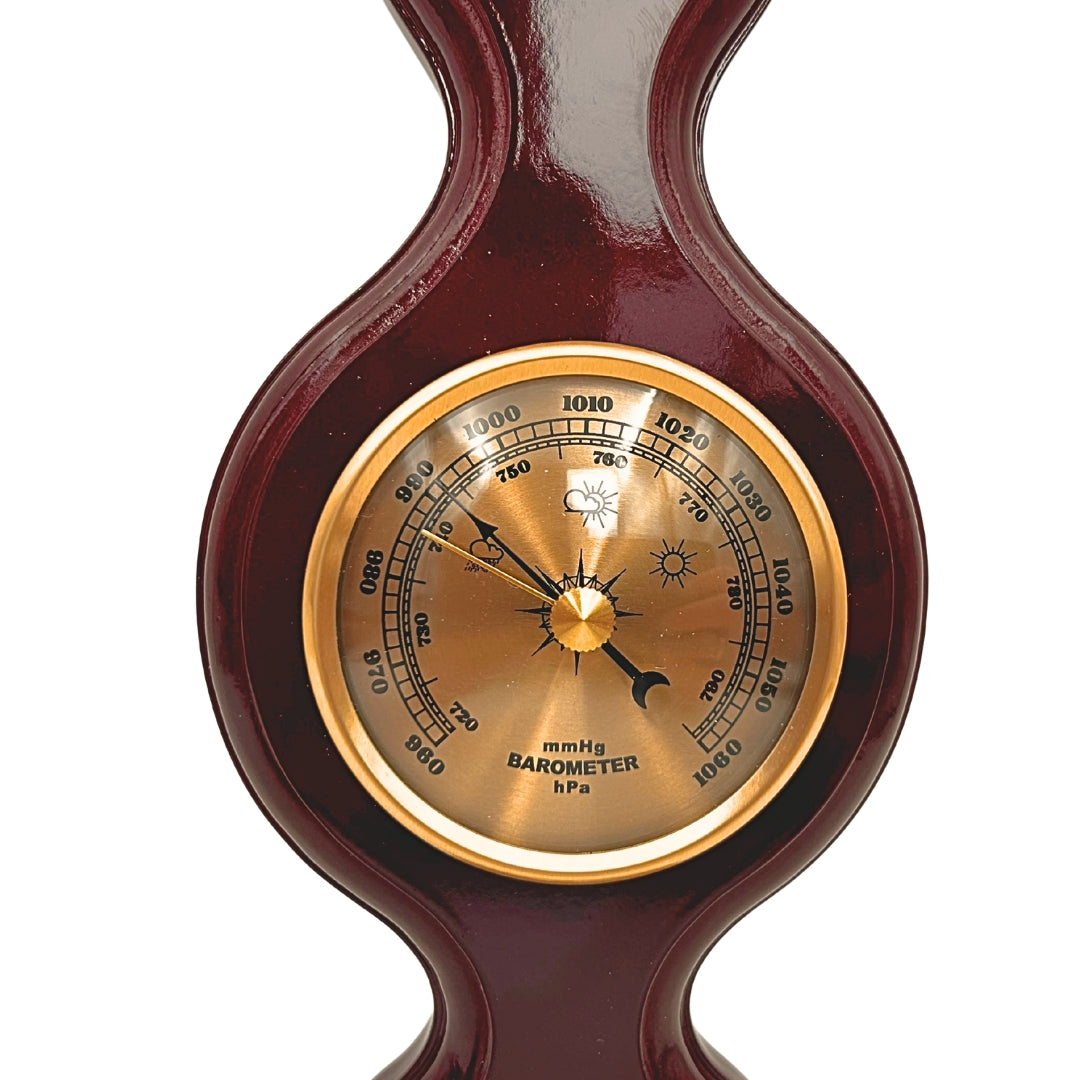 Elegant 3-in-1 weerstation met gravure – thermometer, barometer, hygrometer in donker hout, 40cm