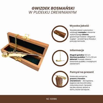 Bootsmansfluit met gravure in elegante houten doos – messing, 12,5 cm