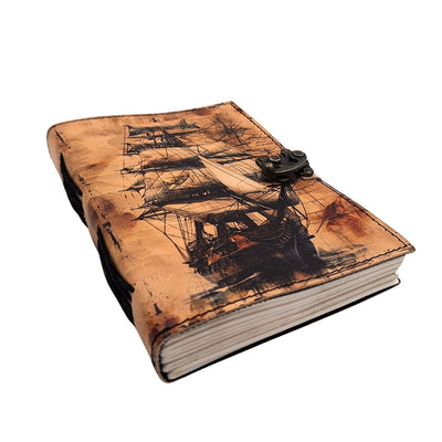 Maritiem retro leren notitieboek Zeilschip met gravure