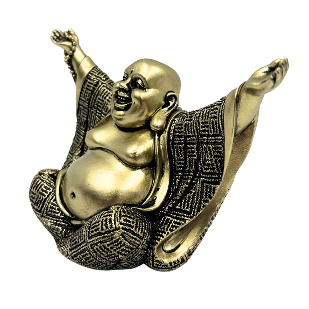 Beeldje van een vrolijke Boeddha in goud met mogelijkheid tot personalisatie met gravure - Elegante decoratie als cadeau met een hoogte van 17,1 cm van polyresin, symboliseert rijkdom en geluk