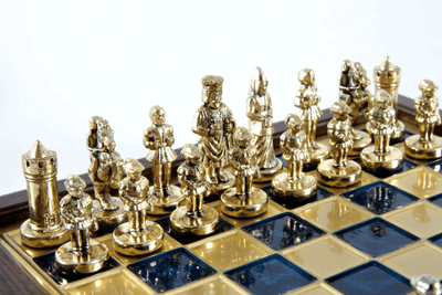 Elegante premium messing schaakset 20x20cm Byzantium met gepersonaliseerde gravure - ideaal cadeau voor een schaker en geschiedenisliefhebber - handgemaakte stukken in gouden en zilveren afwerking