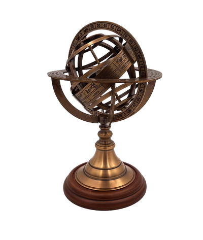 Messing astrolabium 21 cm met houten voet - Gepersonaliseerd cadeau voor liefhebbers van astronomie in goudkleur