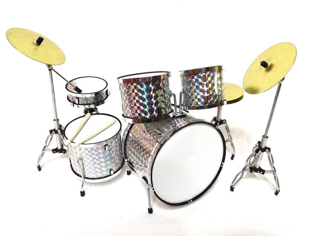 Mini-drumstel voor verzamelaars MDR-0039 in zilver-chroomkleur, schaal 1:5, mogelijkheid tot personalisatie met gravure, ideaal als cadeau, hoogte 15 cm, gemaakt van metaal en kunststof