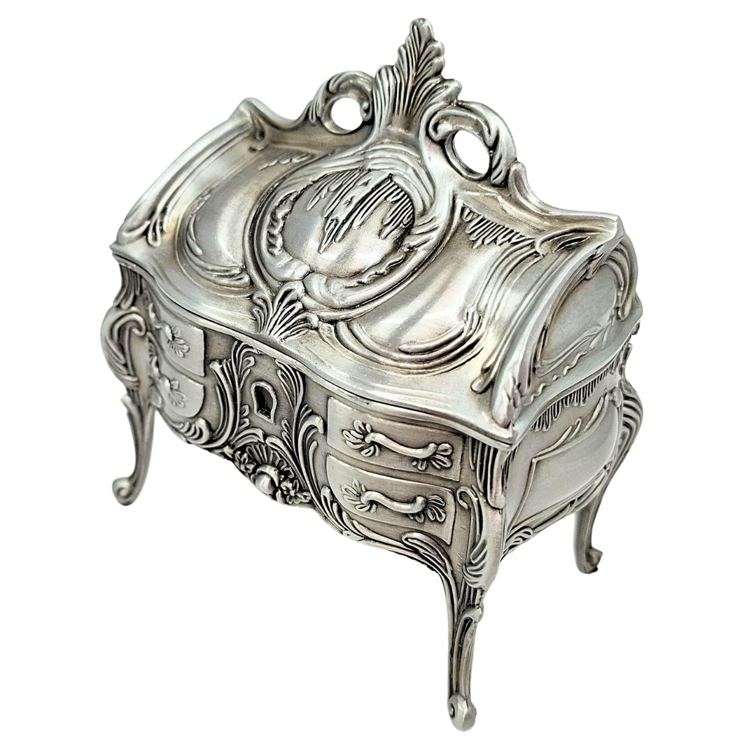 Metalen zilveren retro sieradendoosje 2056M met graveermogelijkheid - elegant cadeau voor Moederdag of verjaardag, afmetingen 9,7 x 10 x 6,7 cm, rococostijl met florale ornamenten