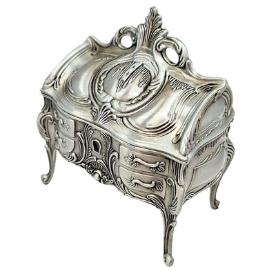 Metalen zilveren retro sieradendoosje 2056M met graveermogelijkheid - elegant cadeau voor Moederdag of verjaardag, afmetingen 9,7 x 10 x 6,7 cm, rococostijl met florale ornamenten