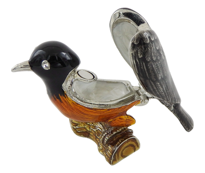 Metalen doosje in de vorm van een vogeltje met kristalletjes, gepersonaliseerd met gravure, ideaal als cadeau - zwart, zilver, bruin, oranje, afmetingen 5x6x5cm, materiaal: metaal, email, kristal